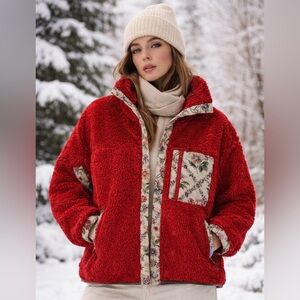 Sandy Liang Boxbox Red Fleece Jacket with Floral Trim L